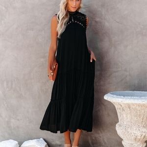 Vici pocketed crochet black dress